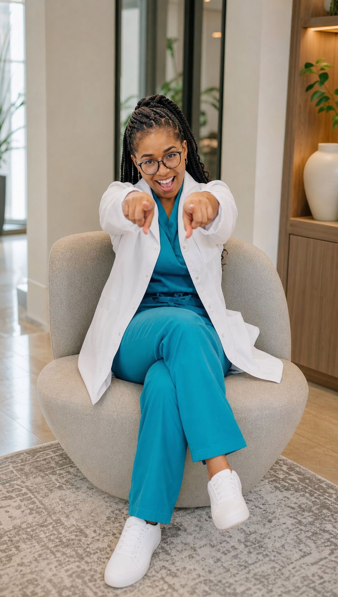 A smiling clinician in scrubs and a white lab coat sits in a modern clinic lobby.